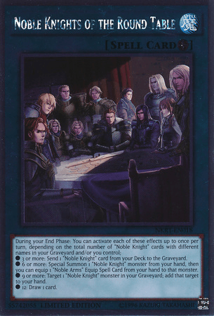 The Yu-Gi-Oh! card titled "Noble Knights of the Round Table [NKRT-EN018] Platinum Rare" dazzles with its exquisite Platinum Rare finish. It showcases a scene of medieval knights, both male and female, gathered around a table, donning armor and cloaks with swords ready for action. The text box includes rules and strategic effects designed for expert gameplay.