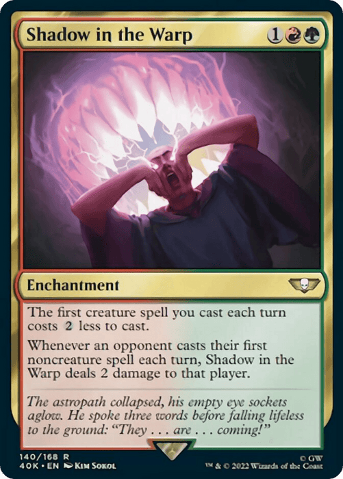 Image of a Magic: The Gathering card titled "Shadow in the Warp [Warhammer 40,000]." The card, inspired by Warhammer 40,000, features a border with red at the top, green on the left and right sides, and white at the bottom. The artwork depicts a person holding their head engulfed in an aura of pink energy. Below the artwork are displayed the card's abilities and flavor text.