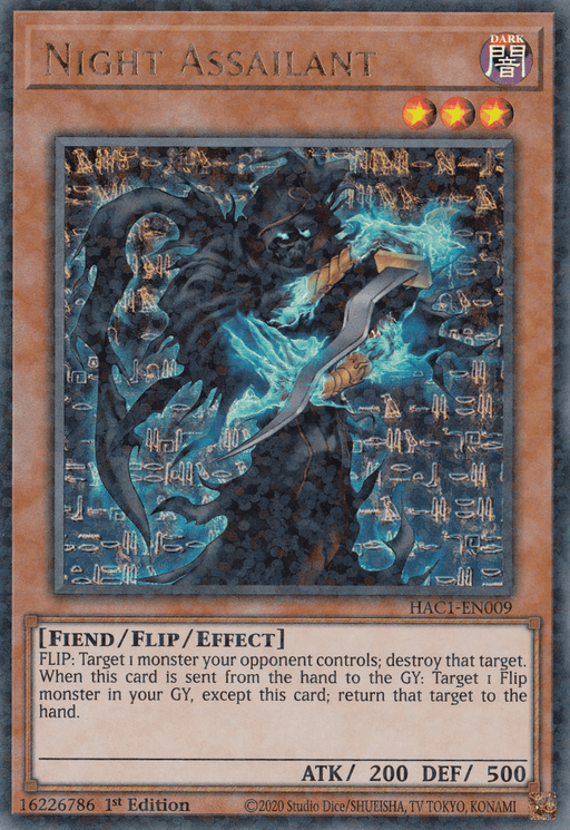 A Yu-Gi-Oh! card titled "Night Assailant (Duel Terminal) [HAC1-EN009] Parallel Rare" from Hidden Arsenal: Chapter 1. This Parallel Rare flip monster features a dark, shadowy figure with glowing blue skeletal hands surrounded by dark mist. With an ATK of 200 and a DEF of 500, this Fiend/FLIP/Effect card has intriguing special abilities.