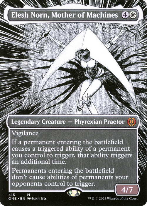 A rare Magic: The Gathering card titled "Elesh Norn, Mother of Machines (Borderless Manga) [Phyrexia: All Will Be One]," is a legendary creature costing 4 colorless and 1 white mana. Featuring a menacing Phyrexian Praetor with mechanical limbs and ornate armor, it has vigilance and abilities affecting triggered permanents. Illustrated by Junji Ito, it boasts 4/7 power and toughness.