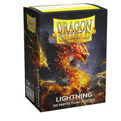 A box of Arcane Tinmen's Dragon Shield: Standard 100ct Sleeves - Lightning (Dual Matte) features black packaging with an illustration of a fiery dragon formed from lightning bolts and flames. The text on the box includes "100 Matte Dual Sleeves" and "Dual Matte - Seamlessly Black," ensuring top-notch card protection with opaque sleeves.