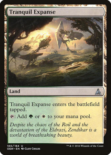 Magic: The Gathering's "Tranquil Expanse [Oath of the Gatewatch]" highlights Zendikar’s peaceful scenery with floating rocks beneath a golden sky. This Land card, adorned with lush greenery and a reflective river, enters the battlefield tapped and offers green or white mana.