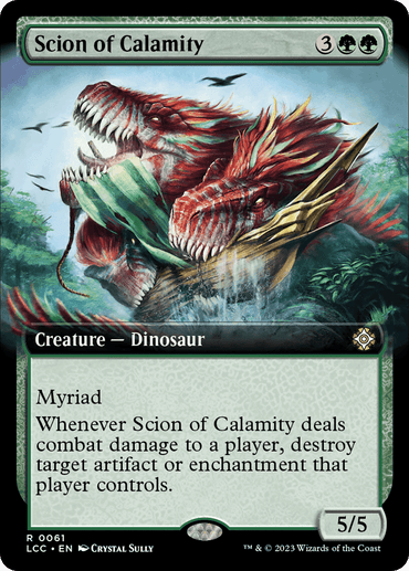 A "Scion of Calamity (Extended Art) [The Lost Caverns of Ixalan Commander]" Magic: The Gathering card from The Lost Caverns of Ixalan Commander set. This rare card showcases a red, aggressive Creature — Dinosaur with an open mouth, revealing sharp teeth and a long tongue. Its green-bordered text includes abilities: "Myriad" and destruction of artifacts or enchantments when it deals combat damage.