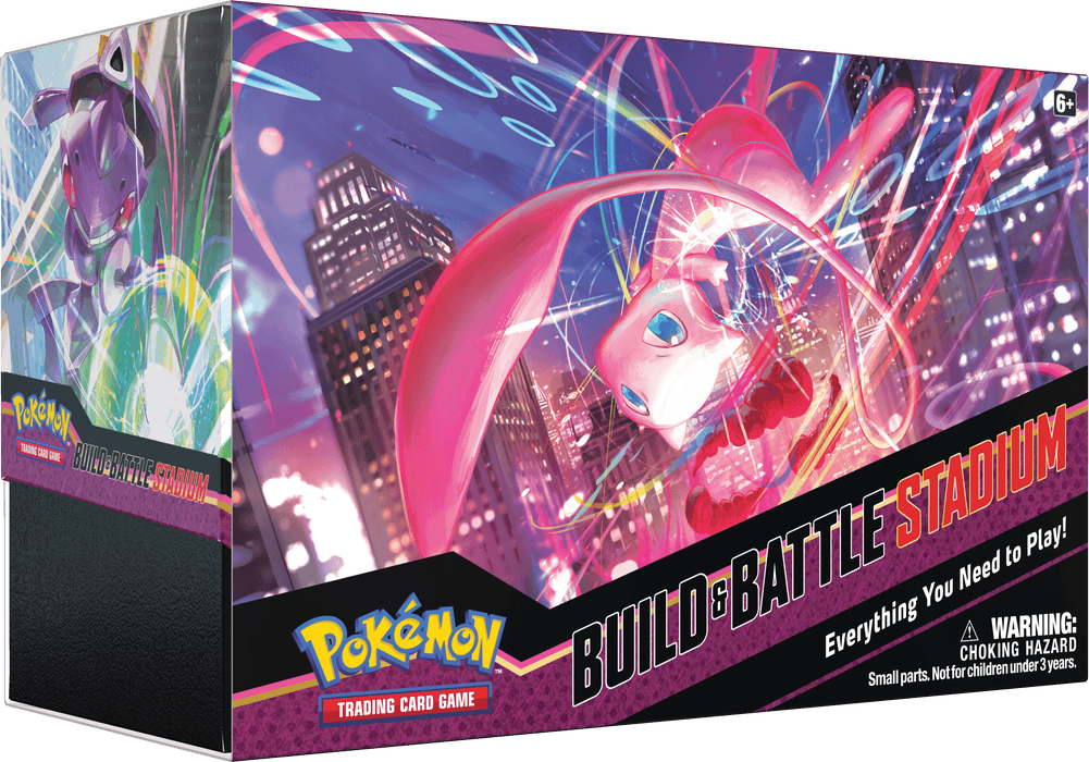 A Pokémon Sword & Shield: Fusion Strike - Build & Battle Stadium box with the "Build & Battle Stadium" label from the Sword & Shield: Fusion Strike series. The packaging features dynamic artwork of a cityscape with bright lights and two Pokémon: a purple Mewtwo in attack mode and a pink Mew surrounded by energy. For kids 6 years and older.