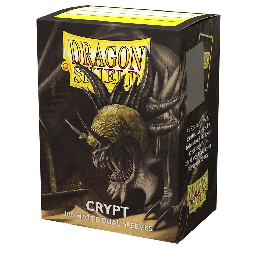 Arcane Tinmen's Dragon Shield: Standard 100ct Sleeves - Crypt (Dual Matte) features a monstrous dragon with leathery wings, sharp teeth, and a horned, armored head against a dark backdrop. The box contains 100 opaque sleeves with black interiors.