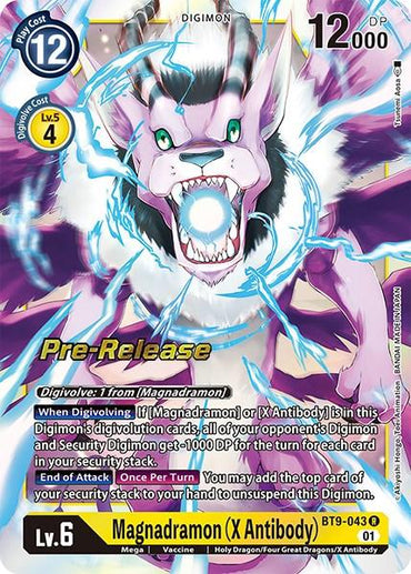 A Digimon trading card featuring Magnadramon (X Antibody) [BT9-043] [X Record Pre-Release Promos], the Holy Dragon. The card has a purple and white color scheme, a play cost of 12, and 12,000 DP. Magnadramon is depicted in a dynamic pose with wings spread, fire and light effects surrounding it. Text details various Digivolving effects and abilities.