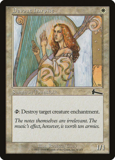 The "Devout Harpist" Magic: The Gathering card from Urza's Legacy features artwork by Rebecca Guay of a woman with long, wavy hair and a harp-themed dress. She clasps her hands in prayer, and the card reads, “Destroy target creature enchantment.”.