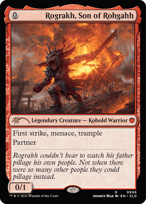 A Magic: The Gathering card named "Rograkh, Son of Rohgahh [Secret Lair Drop Series]," a red Legendary Creature with zero cost. It depicts a fierce Kobold Warrior with 0/1 attack/defense and abilities like first strike, menace, trample, and Partner. The background shows a fiery, chaotic battle scene.