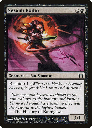 A rectangular card from Magic: The Gathering, titled "Nezumi Ronin [Champions of Kamigawa]," features a Rat Samurai creature with a power of 3 and a toughness of 1. The card showcases artwork of a humanoid rat in samurai armor wielding a sword, complemented by background text describing the Bushido 1 ability and lore.