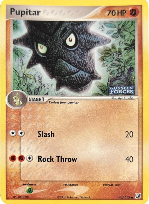 A **Pupitar (70/115) (Stamped) [EX: Unseen Forces]** card from the EX Unseen Forces set by **Pokémon**. This Stage 1 card, featuring Pupitar with an angry expression against a rocky background, boasts 70 HP and embodies a Fighting spirit. Its two attacks, Slash dealing 20 damage and Rock Throw dealing 40 damage, make it a formidable common card.