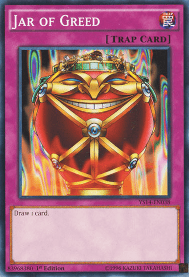 The Yu-Gi-Oh! Normal Trap card "Jar of Greed" [YS14-EN038] Common features an intricate jar with a golden face, a wide grin, and a jewel-encrusted lid against an abstract color pattern. The text at the bottom states "Draw 1 card," making it a noteworthy addition to the Super Starter: Space-Time Showdown series.