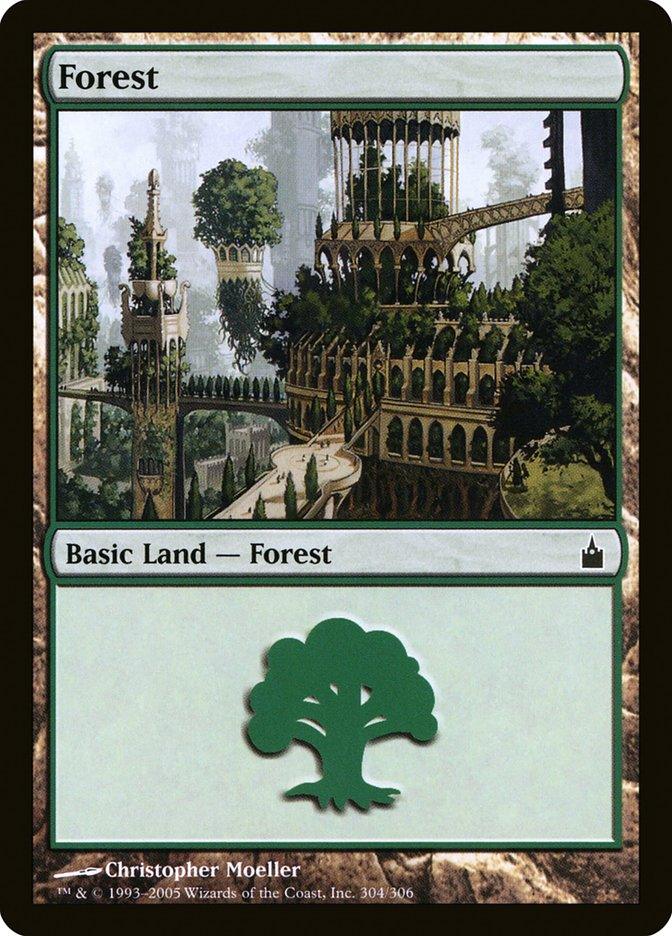 A "Magic: The Gathering" card titled "Forest (304) [Ravnica: City of Guilds]." The illustration, inspired by Ravnica: City of Guilds, depicts a lush, green forest with multiple tiers of vegetation and tree-like structures forming an intricate, elevated landscape. The card's border is dark, with "Basic Land — Forest" below the image and a green tree icon in the bottom right corner.