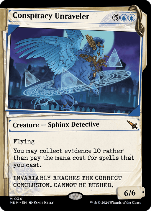 A Magic: The Gathering card titled "Conspiracy Unraveler (Showcase) [Murders at Karlov Manor]." It depicts a winged sphinx detective in mid-air, surrounded by mystical symbols. This mythic card costs 5 blue mana, has a power and toughness of 6/6, and is a flying creature with a special ability related to collecting evidence.