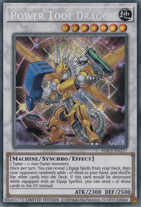 The image showcases a Yu-Gi-Oh! trading card named "Power Tool Dragon [HAC1-EN177] Secret Rare." This Synchro/Effect Monster features a mechanical dragon adorned in yellow and silver armor, wielding a large drill and claw arm. From the set Hidden Arsenal: Chapter 1, it boasts an ATK of 2300 and DEF of 2500.