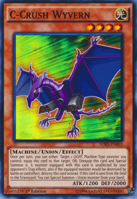 The image features a Yu-Gi-Oh! trading card titled "C-Crush Wyvern [SDKS-EN003] Super Rare" from the Seto Kaiba Structure Deck. The Union/Effect Monster, depicted as a mechanical purple dragon with glowing yellow eyes and sharp claws, flies amongst glowing green energy lines. Its attributes are visible, with ATK 1200 and DEF 2000 points.
