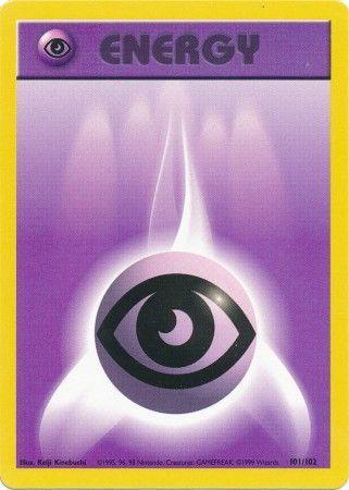 A **Psychic Energy (101/102) [Base Set Unlimited]** from the **Pokémon** series featuring a Psychic Energy symbol on a purple and yellow background. The top half of the card displays the word 