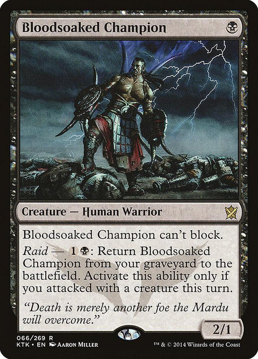 A Magic: The Gathering product titled "Bloodsoaked Champion [Khans of Tarkir]" from Magic: The Gathering. This Human Warrior boasts a power/toughness of 2/1. The illustration depicts a fierce warrior with an axe, standing over a fallen foe amidst a stormy background. The card text details its abilities and features a quote at the bottom.