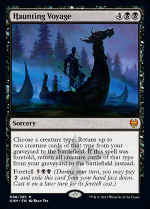 A Magic: The Gathering card named "Haunting Voyage [Kaldheim]" from the Magic: The Gathering set, with black and blue hues. The artwork depicts a shadowy figure on a boat in a misty, dark, ethereal landscape with silhouetted trees. This mythic sorcery's text details its abilities and includes the Foretell mechanic for 5BB.