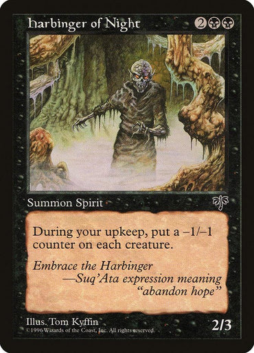 The Magic: The Gathering card "Harbinger of Night [Mirage]" is a Spirit creature depicted in a dark, swampy setting. To summon this creature, you need 2 generic and 2 black mana. During your upkeep, it places a -1/-1 counter on each creature. The card features power/toughness of 2/3.