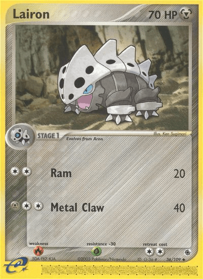 A Pokémon Lairon (36/109) [EX: Ruby & Sapphire] trading card set against a yellow holographic background. The card, from the EX: Ruby & Sapphire series, features an image of Lairon, a silver and black armored dinosaur-like creature with blue eyes standing in a rocky environment. Indicates 70 HP, stage 1 evolution, and attacks 