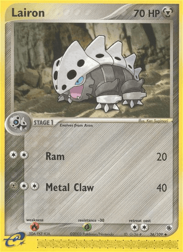 A Pokémon Lairon (36/109) [EX: Ruby & Sapphire] trading card set against a yellow holographic background. The card, from the EX: Ruby & Sapphire series, features an image of Lairon, a silver and black armored dinosaur-like creature with blue eyes standing in a rocky environment. Indicates 70 HP, stage 1 evolution, and attacks "Ram" and "Metal Claw.