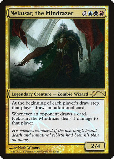 The Magic: The Gathering card from the 2014 Judge Gift Cards series, "Nekusar, the Mindrazer," showcases a skeletal figure cloaked in darkness within a gothic setting. This Legendary Creature, categorized as a Zombie Wizard with a striking gold border, forces opponents to draw cards while simultaneously causing them damage—creating an intimidating force on the battlefield.