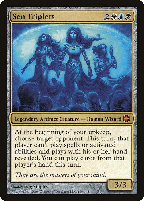 The image is a Magic: The Gathering card titled "Sen Triplets [Alara Reborn]," a Mythic Legendary Artifact Creature from Magic: The Gathering. It features an illustration of three spectral, blue-skinned women standing in a mystical environment, holding hands and emitting magical energy. The card's text details their abilities in the game.