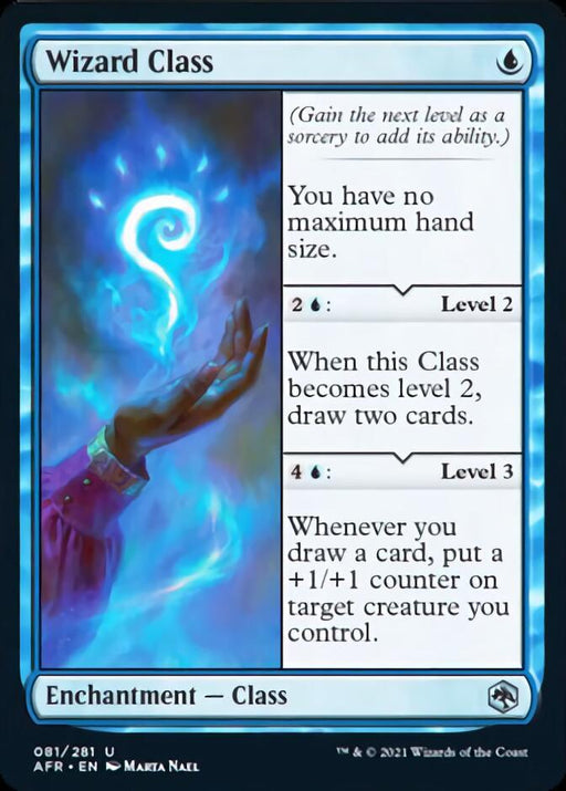 A Magic: The Gathering card titled "Wizard Class [Dungeons & Dragons: Adventures in the Forgotten Realms]." The card's background depicts a ghostly blue spell spiraling above an open hand, adorned in a purple and teal robe. This Enchantment Class from the Dungeons & Dragons: Forgotten Realms set has levels: Level 1 (unlimited hand size), Level 2 (draw two cards), and Level 3 (+1/+1 counter).