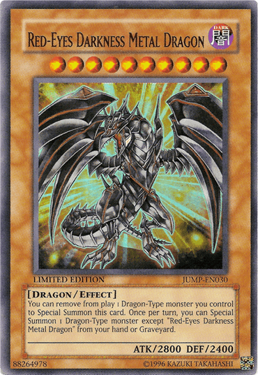 A Yu-Gi-Oh! trading card titled "Red-Eyes Darkness Metal Dragon [JUMP-EN030]" Ultra Rare. The card, originally featured in Shonen Jump Magazine Promos, displays an armored black dragon with glowing red eyes and menacing claws. The text details its Dragon/Effect type, summoning requirements, and formidable attack (2800) and defense (2400) points.