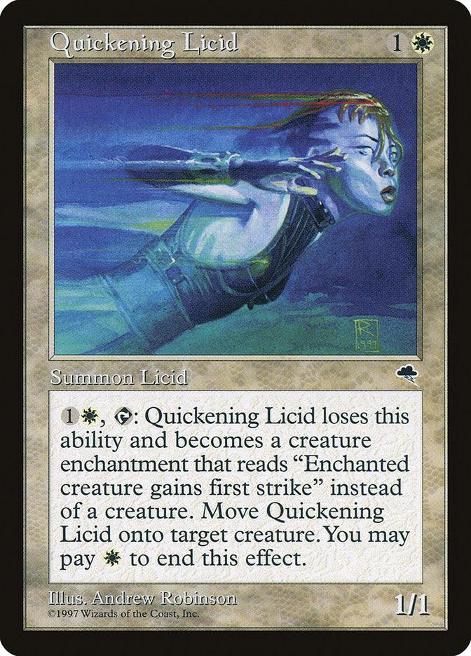 The Magic: The Gathering card "Quickening Licid [Tempest]" depicts a woman swimming underwater with her hair swirling in vibrant blue hues. This Aura enchantment can transform into a creature with the first strike ability and has a power and toughness of 1/1.