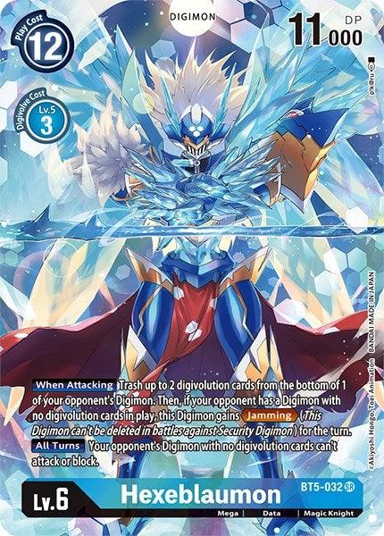 A Digimon card featuring Hexeblaumon [BT5-032] (Alternate Art) [Dimensional Phase]. Hexeblaumon is depicted with icy armor, sharp blue and white crystalline features, and vibrant colors. The card includes various stats and abilities like 12 cost, 11,000 DP, and special effects text in the lower section from the Dimensional Phase set.