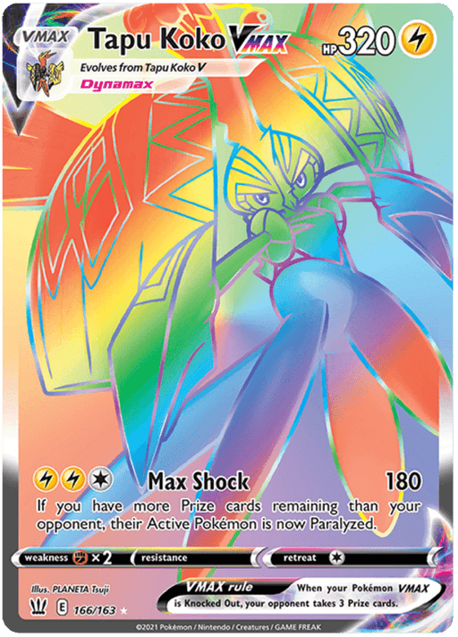 A Pokémon card featuring Tapu Koko VMAX (166/163) [Sword & Shield: Battle Styles] with holographic rainbow coloring from the Sword & Shield series. The Secret Rare card shows Tapu Koko with vibrant wings and a confident stance. It has an HP of 320 and includes the move "Max Shock" that deals 180 damage. The details are at the bottom, along with a VMAX rule text box.