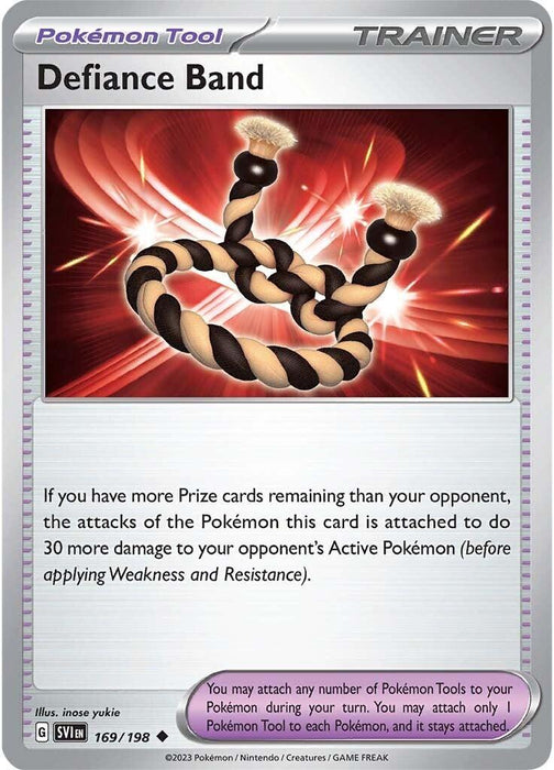 Image of an Uncommon Pokémon Trainer card named "Defiance Band (169/198) [Scarlet & Violet: Base Set]" from Pokémon. The illustration shows a braided, black and beige band with fluffy white ends. Its effect: if you have more Prize cards than your opponent, attacks of the Pokémon Tool it's attached to do 30 more damage. Artist "5ban Graphics/Mitsuhiro Arita.
