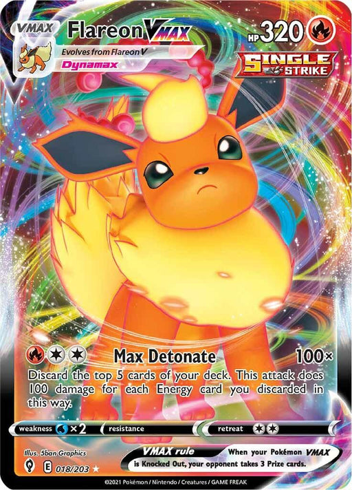 A Pokémon card featuring Flareon VMAX (018/203) [Sword & Shield: Evolving Skies] from Pokémon. The Fire Type card has 320 HP and depicts Flareon in an energetic pose, surrounded by fiery and dynamic elements. It includes the move "Max Detonate." The Ultra Rare design is vibrant with detailed artwork, showcasing Flareon's intense, fiery aura.