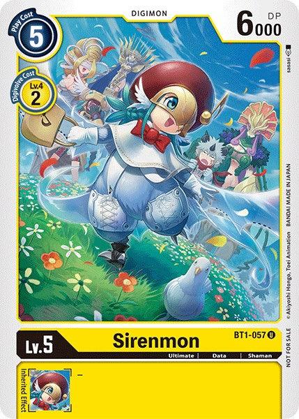 A Digimon card featuring Sirenmon [BT1-057] (Winner Pack Double Diamond) [Release Special Booster Promos]. The Ultimate-level card shows Sirenmon, a bird-like creature with white and blue feathers, wearing a red hat and a blue ribbon. It appears to be singing in a vibrant, nature-filled scene with flowers, a pond, and another bird. The card has a cost of 5, a DP of 6000, and is Level 5.