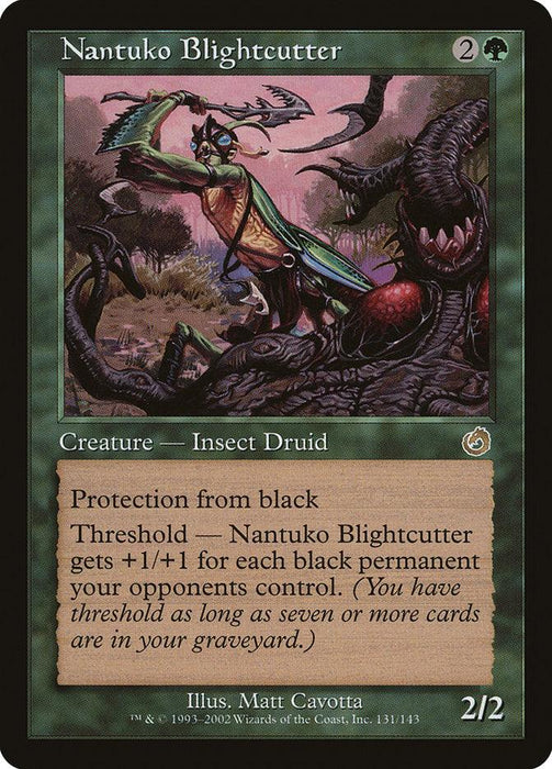 Magic: The Gathering card "Nantuko Blightcutter [Torment]" features a Creature Insect Druid with a green border. It costs 2G mana, has protection from black, and gains +1/+1 for each black permanent your opponents control if threshold is met. This 2/2 creature is illustrated by Matt Cavotta.