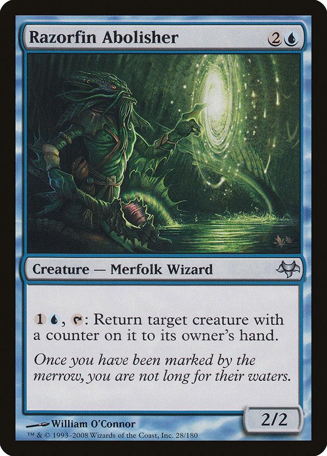 The "Razorfin Abolisher" card from Magic: The Gathering's Eventide set showcases a Merfolk Wizard casting magic by a radiant portal. This 2/2 creature, costing 2 colorless and 1 blue mana, possesses the ability to send a target creature back to its owner's hand, making it a powerful asset in any duel.