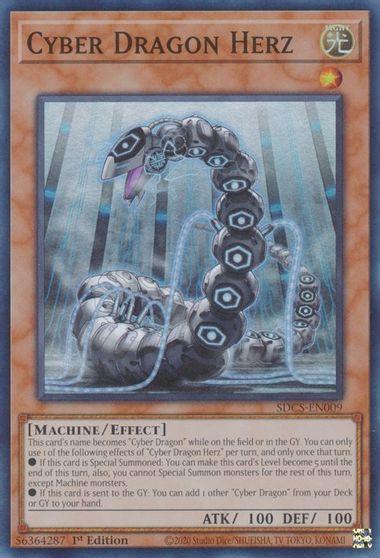 Image of a Yu-Gi-Oh! card named "Cyber Dragon Herz [SDCS-EN009] Super Rare." The card depicts a Cyber Dragon with a mechanical serpentine body and greenish eyes, emerging from an illuminated portal. As an Effect Monster with 100 ATK and 100 DEF, it is part of the powerful Cyber Strike arsenal.