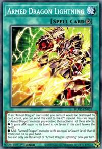 A "Yu-Gi-Oh!" trading card titled "Armed Dragon Lightning [BLVO-EN053] Common" in the Continuous Spell Card category. The art features a powerful, mechanical dragon surrounded by intense yellow lightning bolts. Below the art, the card details describe its effects and usage rules in a teal textbox. Featured in Blazing Vortex.