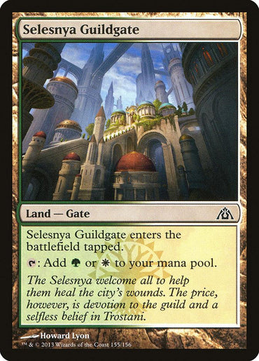 The Magic: The Gathering card "Selesnya Guildgate" [Dragon's Maze] features a majestic building with a domed roof, pillars, and arches set against a blue sky. As a Land — Gate, it enters the battlefield tapped and allows you to add either green or white mana to your pool.