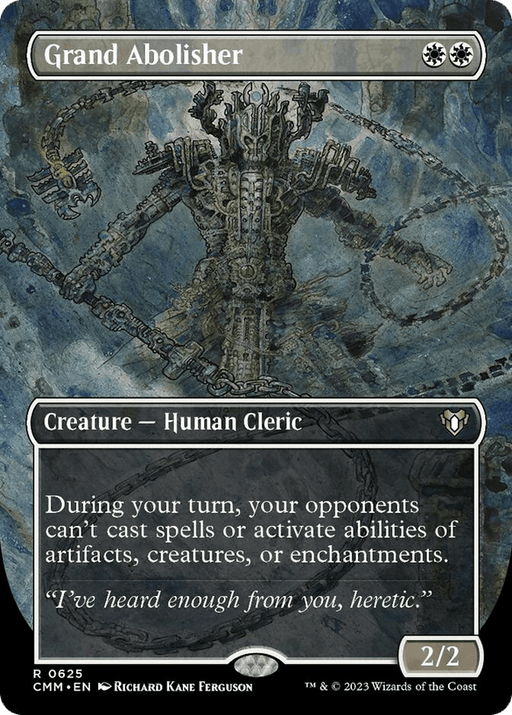 A Magic: The Gathering card titled "Grand Abolisher (Borderless Alternate Art) [Commander Masters]" from Magic: The Gathering. It features an intricate illustration of a mechanical humanoid figure with outstretched arms, set against a blue and gray background. This rare card has a casting cost of two white mana and is a 2/2 Creature — Human Cleric.