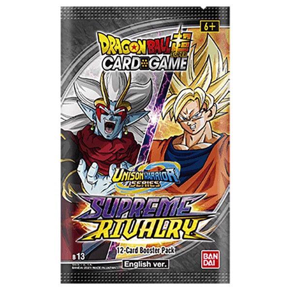 A package of the Dragon Ball Super Unison Warrior Series: Supreme Rivalry [DBS-B13] Booster Pack. The front of the pack features vibrant, dynamic artwork of Goku in his Super Saiyan form on the right and an antagonist from the Dark Demon Realm on the left. The pack contains 12 cards.