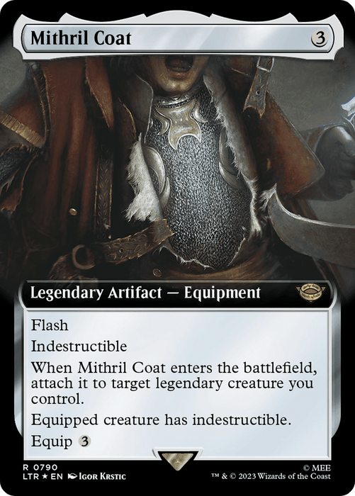 The "Magic: The Gathering" card, titled "Mithril Coat (Extended Art) (Surge Foil) [The Lord of the Rings: Tales of Middle-Earth]," costs 3 mana and is a legendary artifact equipment. It features a detailed illustration of medieval mithril armor. With "Flash," it's indestructible and grants indestructibility to the equipped creature, reminiscent of gear from The Lord of the Rings.