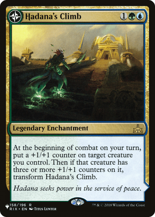 A Rare Magic: The Gathering card titled "Hadana's Climb // Winged Temple of Orazca [Secret Lair: From Cute to Brute]" shows a figure ascending a stone staircase to a grand, golden, temple-like structure at the top. The lush jungle background enhances its allure. This Legendary Enchantment adds +1/+1 counters to a creature and transforms Hadana's Climb.