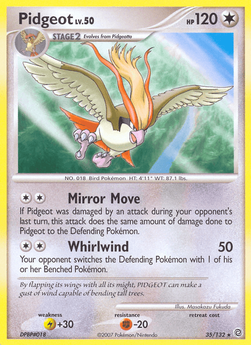 A rare Pokémon Pidgeot (35/132) [Diamond & Pearl: Secret Wonders] card with a yellow border, labeled "Pidgeot lv.50" with 120 HP, from the Diamond & Pearl: Secret Wonders set. The card depicts Pidgeot, a large bird with tan and red plumage, soaring above clouds. It features the moves "Mirror Move" and "Whirlwind," complete with damage points and game mechanics text.