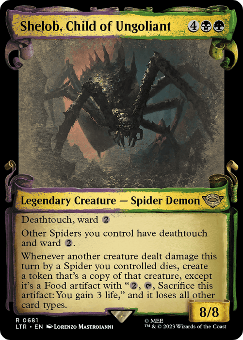 A Magic: The Gathering card titled "Shelob, Child of Ungoliant [The Lord of the Rings: Tales of Middle-Earth Showcase Scrolls]," from The Lord of the Rings: Tales of Middle-Earth, depicts a Legendary Creature — Spider Demon with an 8/8 power and toughness. This rare card features Deathtouch, ward 2, and grants other spiders you control deathtouch and ward 2. The artwork shows a men