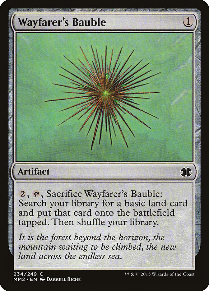 The Magic: The Gathering card "Wayfarer's Bauble [Modern Masters 2015]" is an artifact costing just 1 mana. Its artwork features a spiky, star-like object set against a lush green backdrop. This card enables you to search for a basic land and includes flavor text that embodies the spirit of exploration.