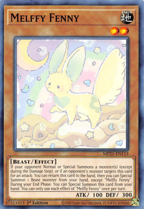 The image depicts a Yu-Gi-Oh! trading card from the 2021 Tin of Ancient Battles named "Melffy Fenny [MP21-EN113] Common." This Effect Monster features an illustrated, cute, rabbit-like creature with large ears and bright yellow fur. The card has an ATK of 100 and DEF of 300, with a text box detailing its special summoning and effect abilities.
