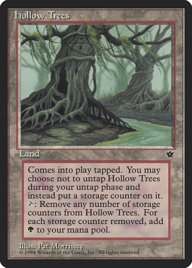 A Magic: The Gathering card called "Hollow Trees" from the Fallen Empires set. This rare land card features an illustration by Pat Morrissey, depicting a dark, twisty forest with gnarled trees and a misty background. It includes storage counters and mana mechanics, with its text enclosed in a bordered box.