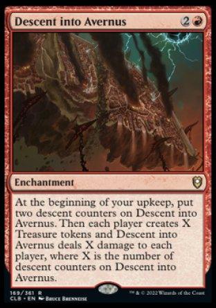 A Magic: The Gathering card from Commander Legends: Battle for Baldur's Gate titled "Descent into Avernus [Commander Legends: Battle for Baldur's Gate]." It's an Enchantment card with a mana cost of 2 colorless and 1 red. Its effect reads: "At the beginning of your upkeep, put two descent counters on Descent into Avernus [Commander Legends: Battle for Baldur's Gate]. Then each player creates X Treasure tokens and Descent into Avernus [Commander Legends: Battle for Baldur's Gate] deals X damage to each.